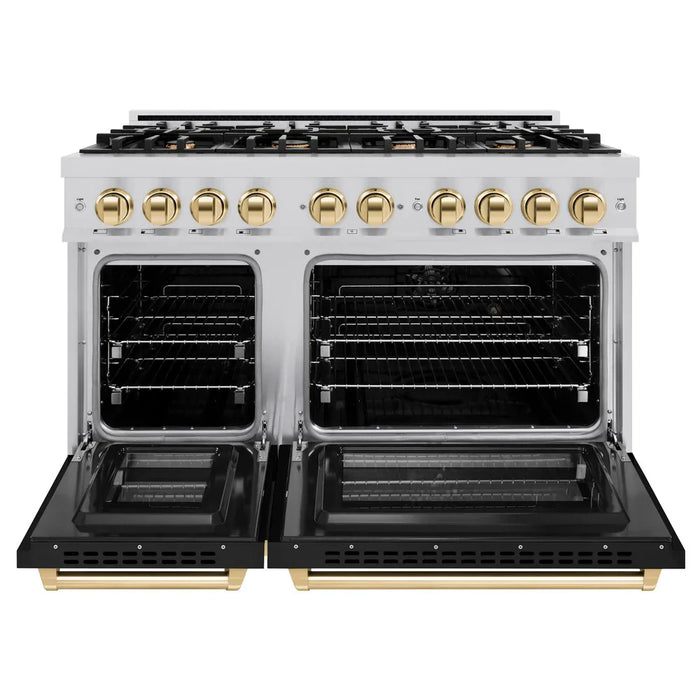 ZLINE Autograph Edition 48" 6.7 cu. ft. Select Double Oven Dual Fuel Range with 8 Burners in Stainless Steel with Black Matte Doors and Polished Gold Accents, HDRZ-BLM-48-G