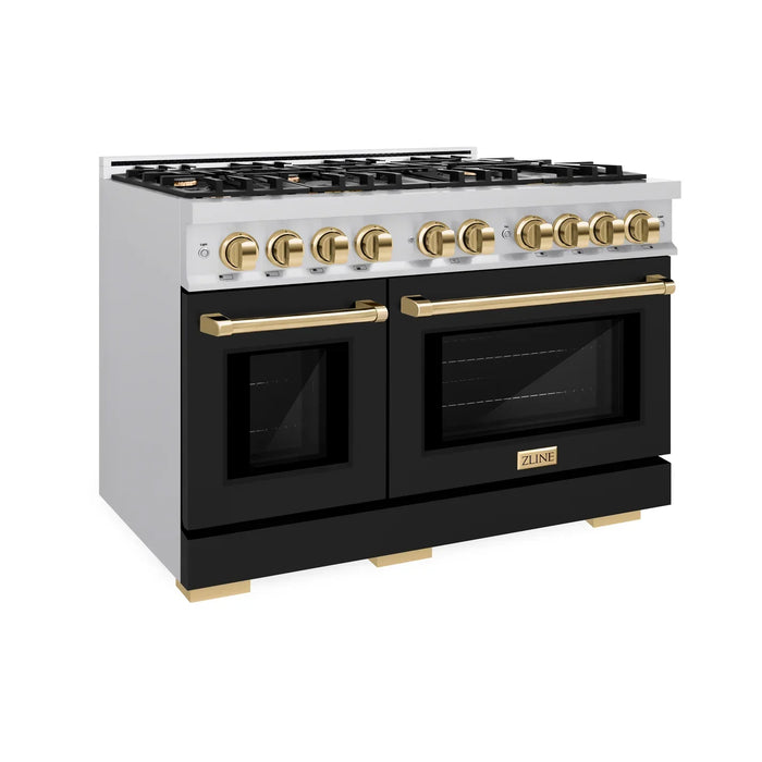 ZLINE Autograph Edition 48" 6.7 cu. ft. Select Double Oven Dual Fuel Range with 8 Burners in Stainless Steel with Black Matte Doors and Polished Gold Accents, HDRZ-BLM-48-G