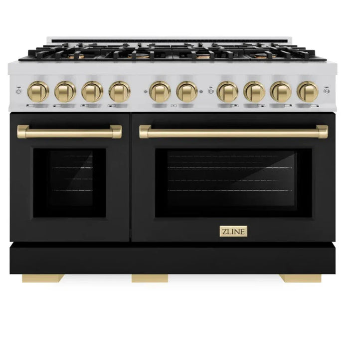 ZLINE Autograph Edition 48" 6.7 cu. ft. Select Double Oven Gas Range with 8 Burners in Stainless Steel with Black Matte Doors and Champagne Bronze Accents, HGRZ-BLM-48-CB