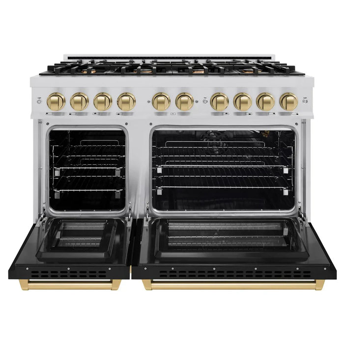 ZLINE Autograph Edition 48" 6.7 cu. ft. Select Double Oven Gas Range with 8 Burners in Stainless Steel with Black Matte Doors and Champagne Bronze Accents, HGRZ-BLM-48-CB