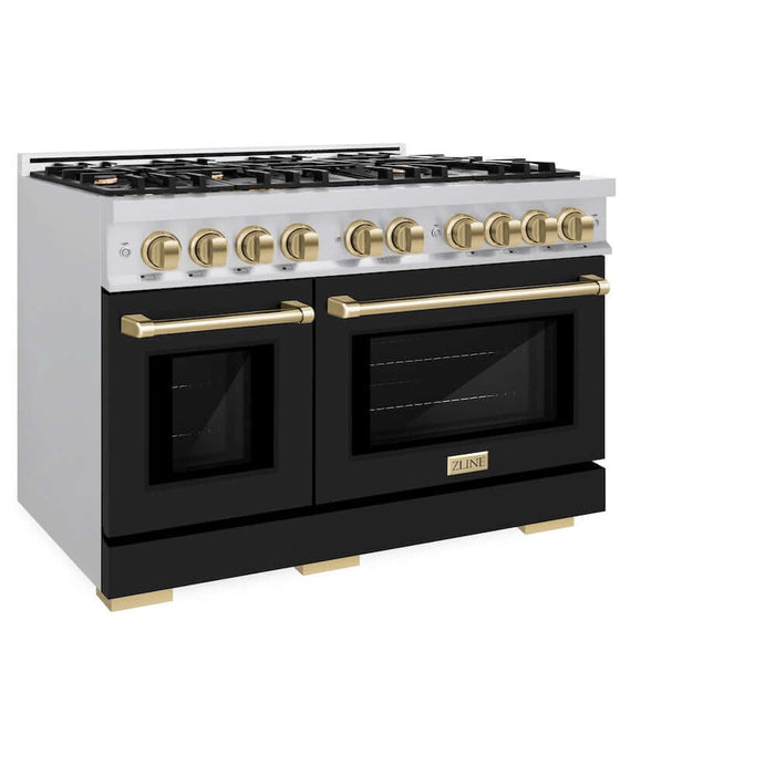 ZLINE Autograph Edition 48 in. 6.7 cu. ft. Select Double Oven Gas Range with 8 Burner Cooktop in Stainless Steel with Black Matte Doors and Champagne Bronze Accents (HGRZ-BLM-48-CB)