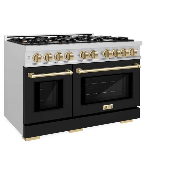 ZLINE Autograph Edition 48 in. 6.7 cu. ft. Select Double Oven Gas Range with 8 Burner Cooktop in Stainless Steel with Black Matte Doors and Champagne Bronze Accents (HGRZ-BLM-48-CB)