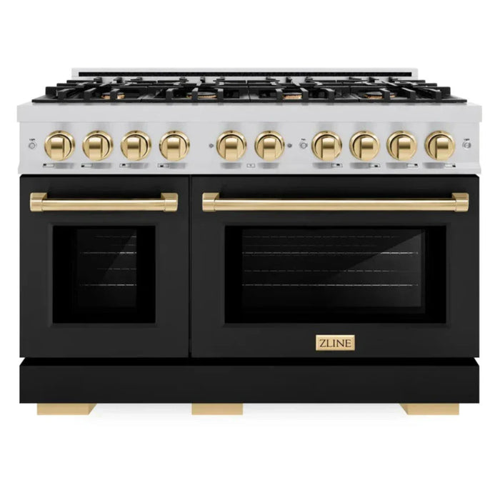 ZLINE Autograph Edition 48" 6.7 cu. ft. Select Double Oven Gas Range with 8 Burners in Stainless Steel with Black Matte Doors and Polished Gold Accents, HGRZ-BLM-48-G