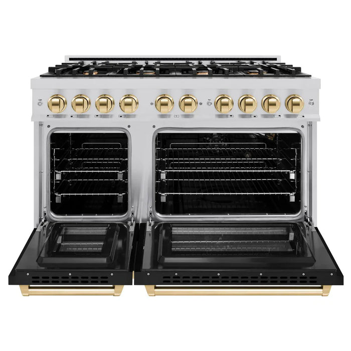 ZLINE Autograph Edition 48" 6.7 cu. ft. Select Double Oven Gas Range with 8 Burners in Stainless Steel with Black Matte Doors and Polished Gold Accents, HGRZ-BLM-48-G