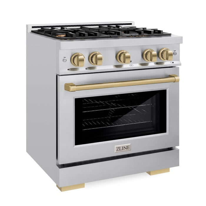 ZLINE Autograph Edition 30" 4.2 cu. ft. Select Dual Fuel Range with 4 Burners in Stainless Steel with Champagne Bronze Accents, HDRZ-30-CB