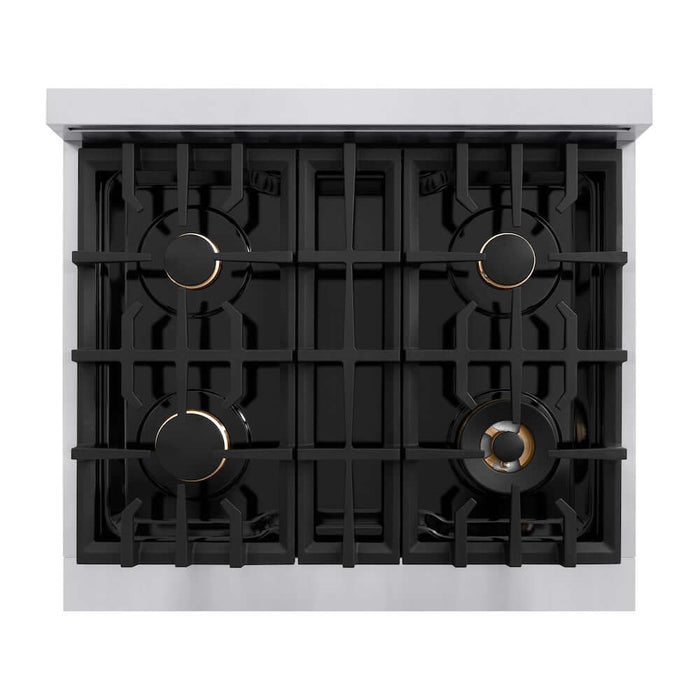 ZLINE Autograph Edition 30 in. 4.2 cu. ft. Select Dual Fuel Range with 4 Burner Gas Cooktop and Electric Convection Oven in Stainless Steel with Champagne Bronze Accents (HDRZ-30-CB)