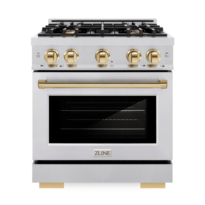 ZLINE Autograph Edition 30" 4.2 cu. ft. Select Dual Fuel Range with 4 Burners in Stainless Steel with Polished Gold Accents, HDRZ-30-G