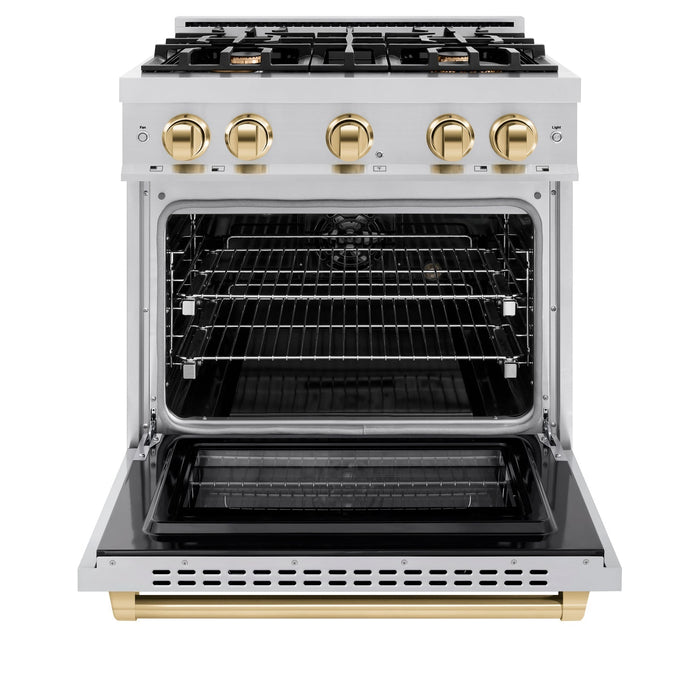 ZLINE Autograph Edition 30" 4.2 cu. ft. Select Dual Fuel Range with 4 Burners in Stainless Steel with Polished Gold Accents, HDRZ-30-G