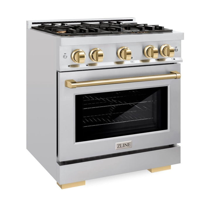 ZLINE Autograph Edition 30" 4.2 cu. ft. Select Dual Fuel Range with 4 Burners in Stainless Steel with Polished Gold Accents, HDRZ-30-G