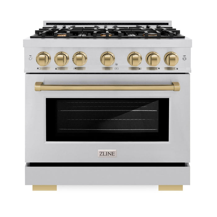 ZLINE Autograph Edition 36" 5.2 cu. ft. Select Dual Fuel Range with 6 Burners in Stainless Steel with Champagne Bronze Accents, HDRZ-36-CB