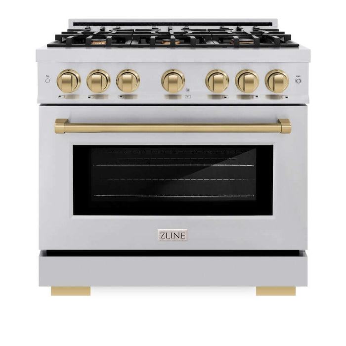 ZLINE Autograph Edition 36 in. 5.2 cu. ft. Select Dual Fuel Range with 6 Burner Gas Cooktop and Electric Convection Oven in Stainless Steel with Champagne Bronze Accents (HDRZ-36-CB)