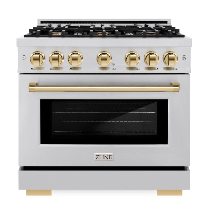 ZLINE Autograph Edition 36" 5.2 cu. ft. Select Dual Fuel Range with 6 Burners in Stainless Steel with Polished Gold Accents, HDRZ-36-G