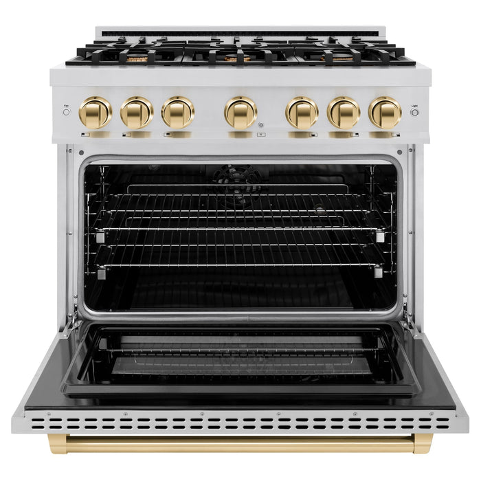 ZLINE Autograph Edition 36" 5.2 cu. ft. Select Dual Fuel Range with 6 Burners in Stainless Steel with Polished Gold Accents, HDRZ-36-G