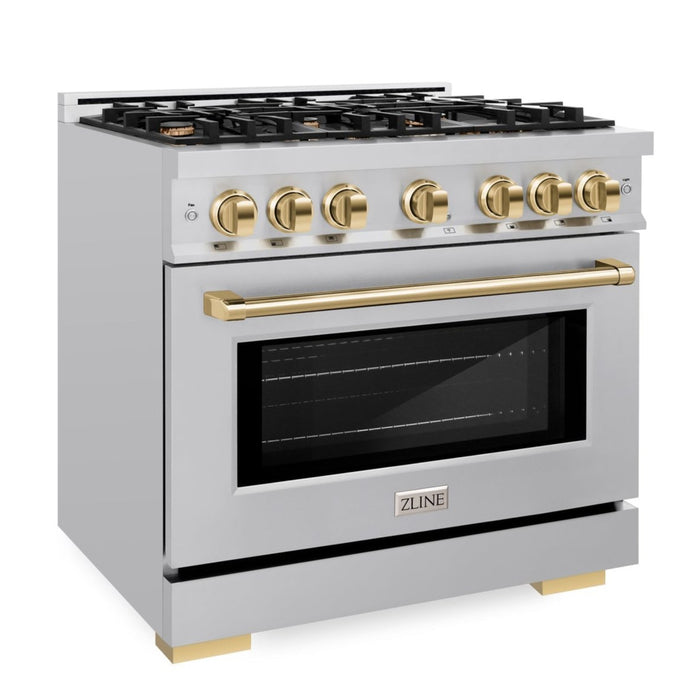 ZLINE Autograph Edition 36" 5.2 cu. ft. Select Dual Fuel Range with 6 Burners in Stainless Steel with Polished Gold Accents, HDRZ-36-G