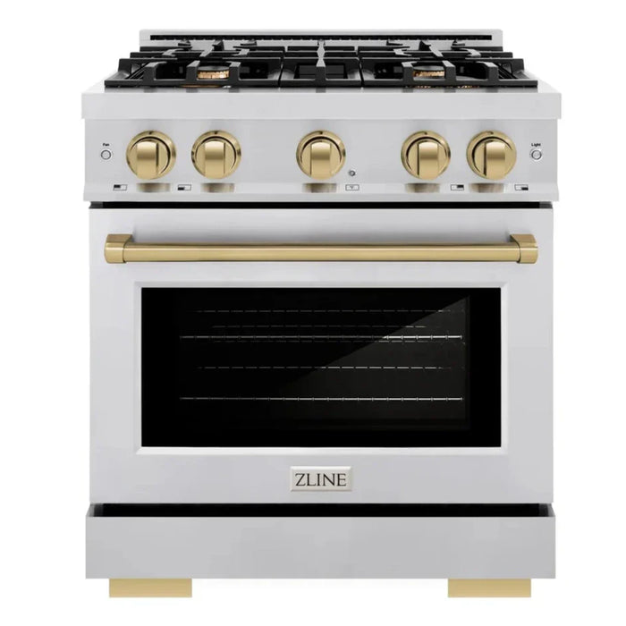 ZLINE Autograph Edition 30" 4.2 cu. ft. Select Gas Range with 4 Burners in Stainless Steel and Champagne Bronze Accents, HGRZ-30-CB