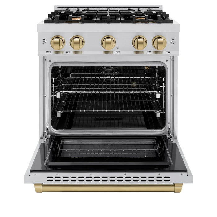 ZLINE Autograph Edition 30" 4.2 cu. ft. Select Gas Range with 4 Burners in Stainless Steel and Champagne Bronze Accents, HGRZ-30-CB