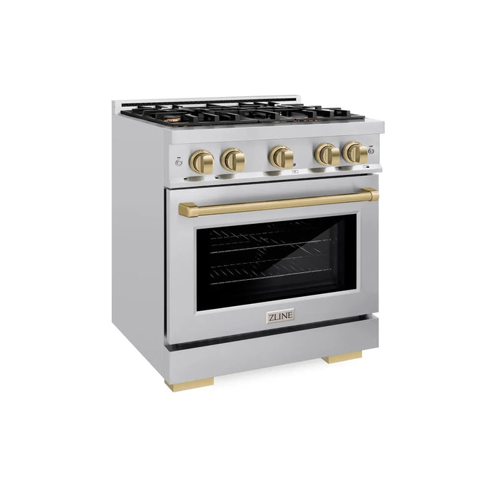 ZLINE Autograph Edition 30" 4.2 cu. ft. Select Gas Range with 4 Burners in Stainless Steel and Champagne Bronze Accents, HGRZ-30-CB