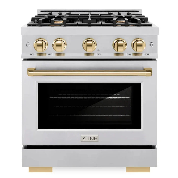 ZLINE Autograph Edition 30" 4.2 cu. ft. Select Gas Range with 4 Burners in Stainless Steel and Polished Gold Accents, HGRZ-30-G