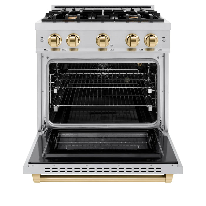 ZLINE Autograph Edition 30" 4.2 cu. ft. Select Gas Range with 4 Burners in Stainless Steel and Polished Gold Accents, HGRZ-30-G