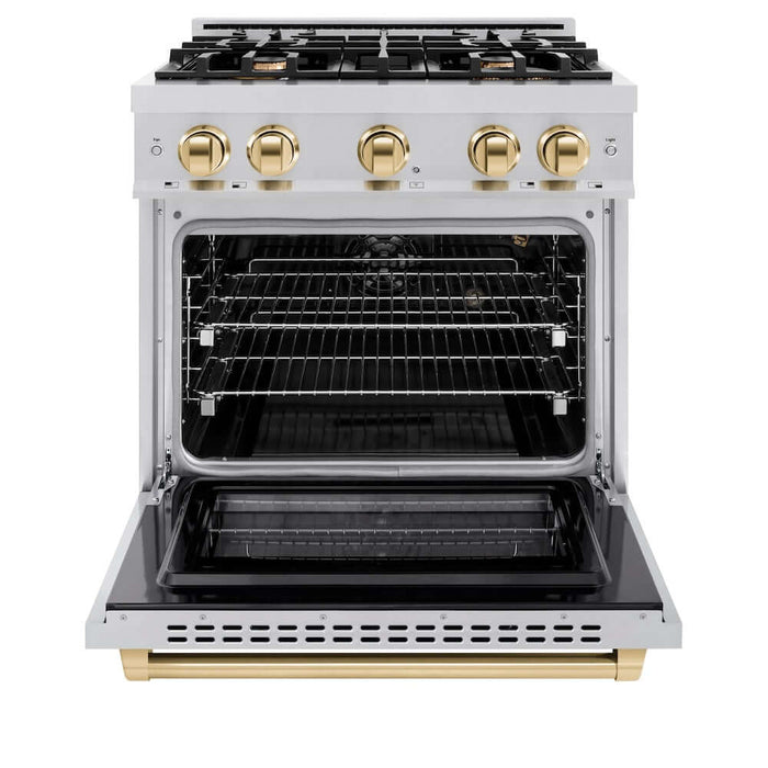 ZLINE Autograph Edition 30 in. 4.2 cu. ft. Select Gas Range with 4 Burner Cooktop and Convection Gas Oven in Stainless Steel and Polished Gold Accents (HGRZ-30-G)