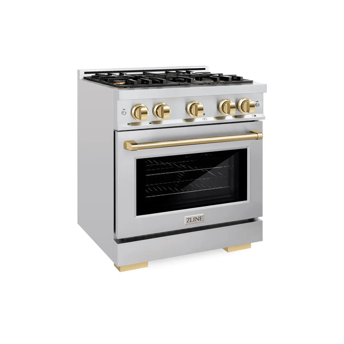 ZLINE Autograph Edition 30" 4.2 cu. ft. Select Gas Range with 4 Burners in Stainless Steel and Polished Gold Accents, HGRZ-30-G