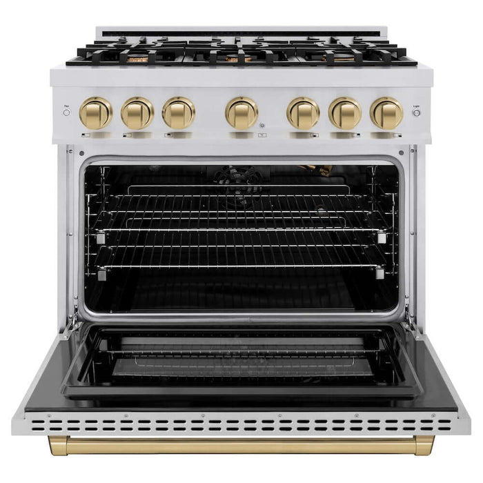 ZLINE Autograph Edition 36 in. 5.2 cu. ft. Select Gas Range with 6 Burner Cooktop and Convection Gas Oven in Stainless Steel and Champagne Bronze Accents (HGRZ-36-CB)