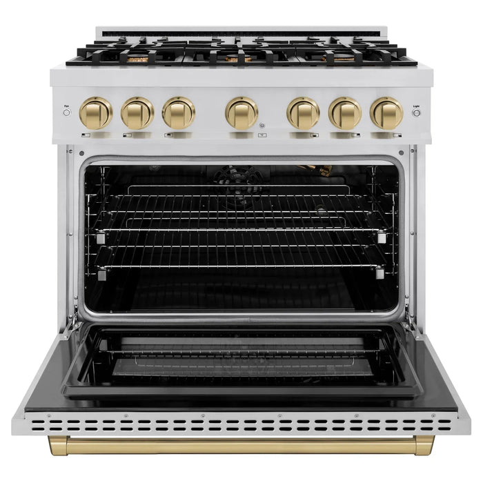 ZLINE Autograph Edition 36" 5.2 cu. ft. Select Gas Range with 6 Burners in Stainless Steel and Champagne Bronze Accents, HGRZ-36-CB