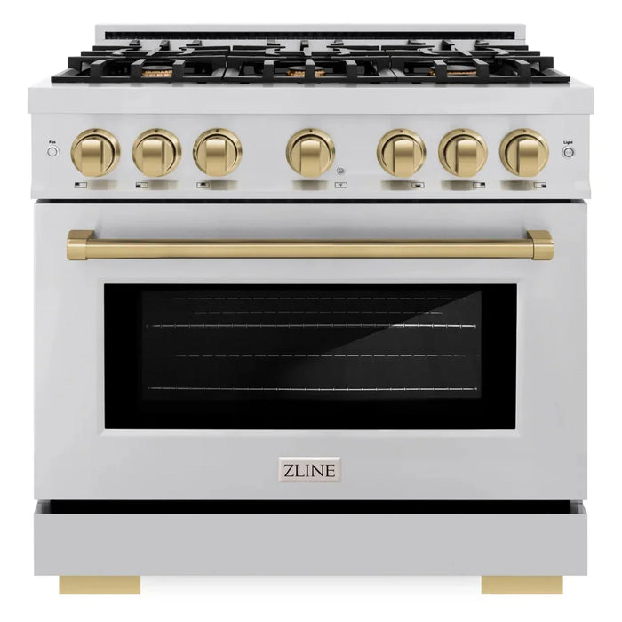 ZLINE Autograph Edition 36" 5.2 cu. ft. Select Gas Range with 6 Burners in Stainless Steel and Champagne Bronze Accents, HGRZ-36-CB