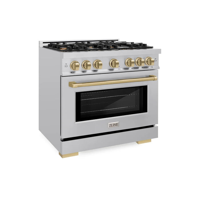 ZLINE Autograph Edition 36" 5.2 cu. ft. Select Gas Range with 6 Burners in Stainless Steel and Champagne Bronze Accents, HGRZ-36-CB