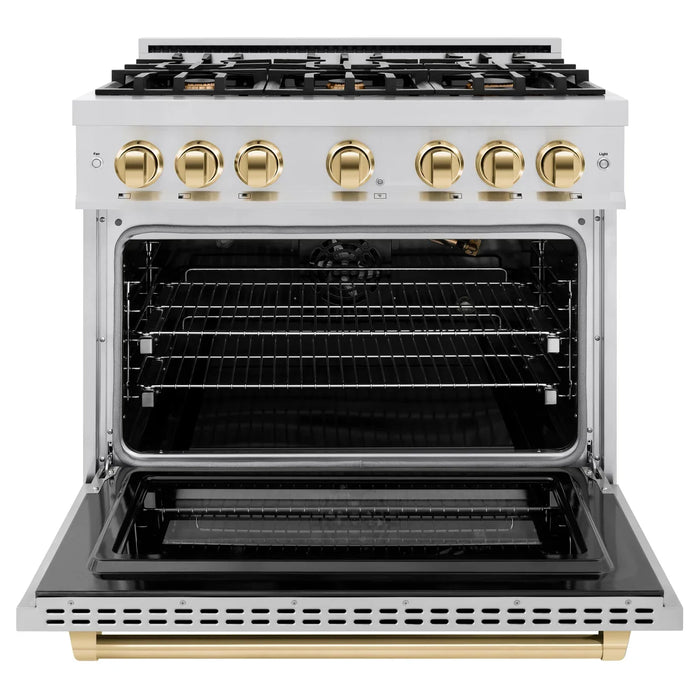 ZLINE Autograph Edition 36" 5.2 cu. ft. Select Gas Range with 6 Burners in Stainless Steel and Polished Gold Accents, HGRZ-36-G