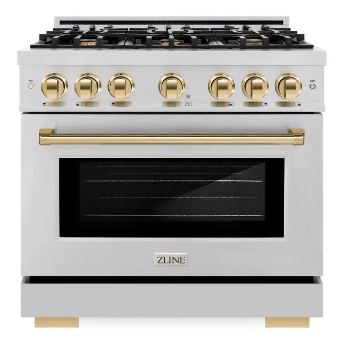 ZLINE Autograph Edition 36" 5.2 cu. ft. Select Gas Range with 6 Burners in Stainless Steel and Polished Gold Accents, HGRZ-36-G