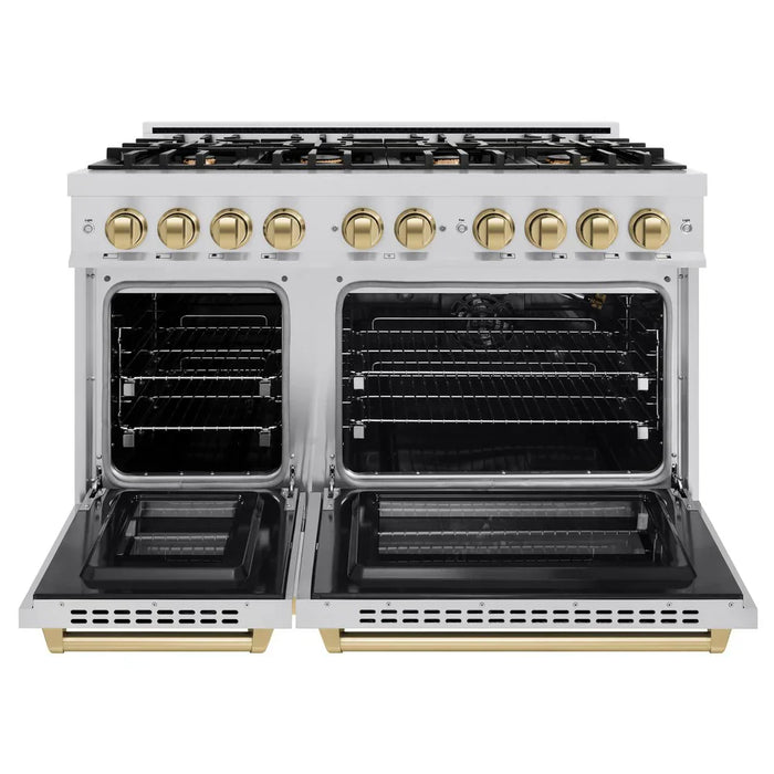 ZLINE Autograph Edition 48" 6.7 cu. ft. Select Double Oven Gas Range with 8 Burners in Stainless Steel and Champagne Bronze Accents, HGRZ-48-CB