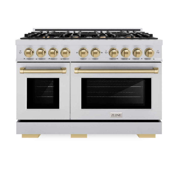 ZLINE Autograph Edition 48 in. 6.7 cu. ft. Select Double Oven Gas Range with 8 Burner Cooktop in Stainless Steel and Champagne Bronze Accents (HGRZ-48-CB)