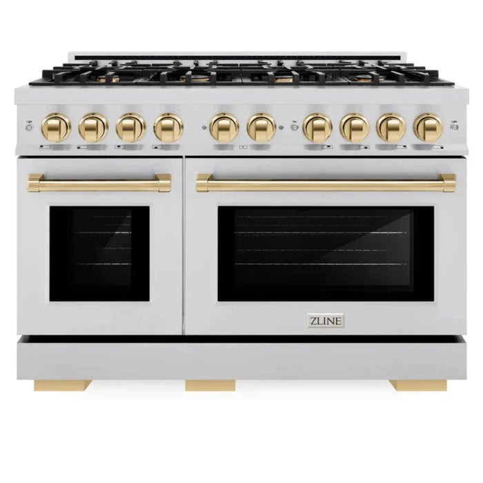 ZLINE Autograph Edition 48" 6.7 cu. ft. Select Double Oven Gas Range with 8 Burners in Stainless Steel and Polished Gold Accents, HGRZ-48-G