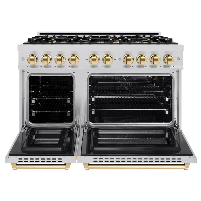 ZLINE Autograph Edition 48" 6.7 cu. ft. Select Double Oven Gas Range with 8 Burners in Stainless Steel and Polished Gold Accents, HGRZ-48-G