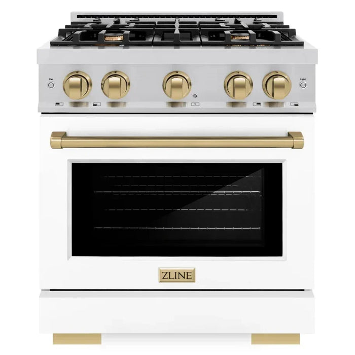 ZLINE Autograph Edition 30" 4.2 cu. ft. Select Dual Fuel Range with 4 Burners in Stainless Steel with White Matte Door and Champagne Bronze Accents, HDRZ-WM-30-CB