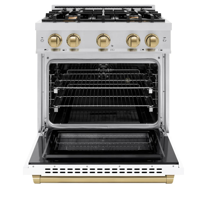 ZLINE Autograph Edition 30" 4.2 cu. ft. Select Dual Fuel Range with 4 Burners in Stainless Steel with White Matte Door and Champagne Bronze Accents, HDRZ-WM-30-CB