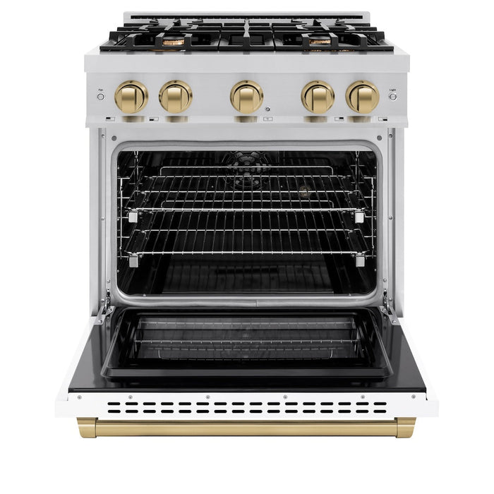 ZLINE Autograph Edition 30 in. 4.2 cu. ft. Select Dual Fuel Range with 4 Burner Gas Cooktop and Electric Convection Oven in Stainless Steel with White Matte Door and Champagne Bronze Accents (HDRZ-WM-30-CB)