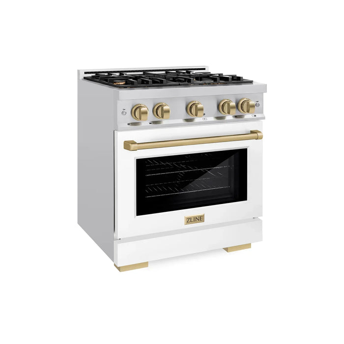 ZLINE Autograph Edition 30" 4.2 cu. ft. Select Dual Fuel Range with 4 Burners in Stainless Steel with White Matte Door and Champagne Bronze Accents, HDRZ-WM-30-CB