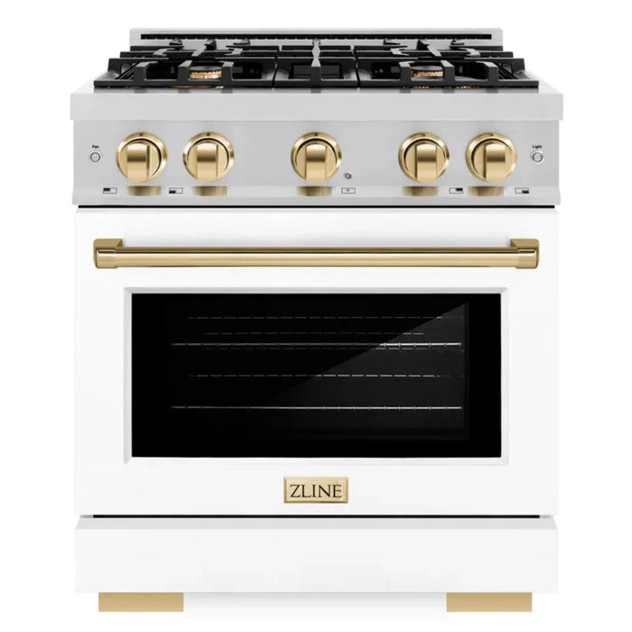 ZLINE Autograph Edition 30" 4.2 cu. ft. Select Dual Fuel Range with 4 Burners in Stainless Steel with White Matte Door and Polished Gold Accents, HDRZ-WM-30-G