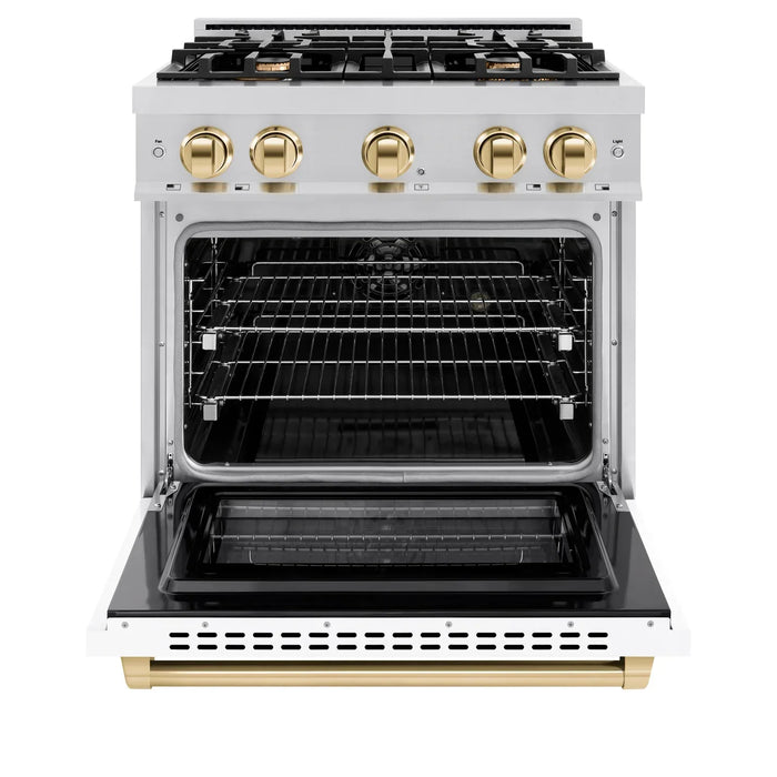 ZLINE Autograph Edition 30" 4.2 cu. ft. Select Dual Fuel Range with 4 Burners in Stainless Steel with White Matte Door and Polished Gold Accents, HDRZ-WM-30-G