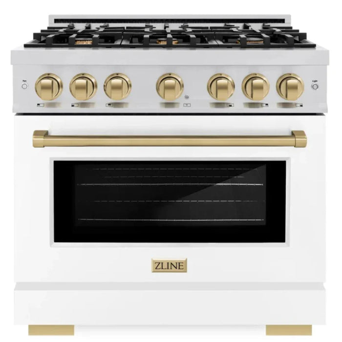 ZLINE Autograph Edition 36" 5.2 cu. ft. Select Dual Fuel Range with 6 Burners in Stainless Steel with White Matte Door and Champagne Bronze Accents, HDRZ-WM-36-CB