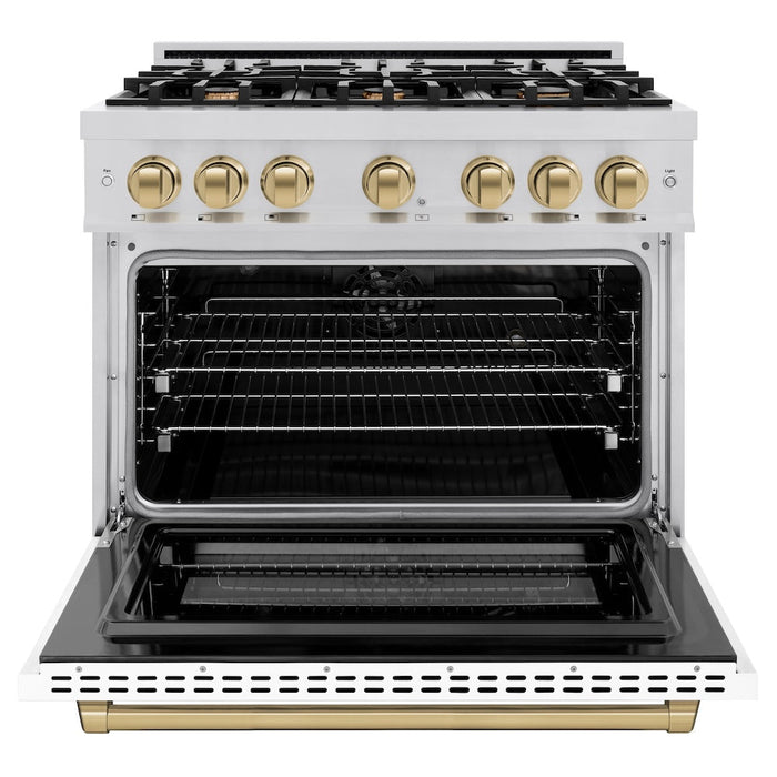 ZLINE Autograph Edition 36 in. 5.2 cu. ft. Select Dual Fuel Range with 6 Burner Gas Cooktop and Electric Convection Oven in Stainless Steel with White Matte Door and Champagne Bronze Accents (HDRZ-WM-36-CB)