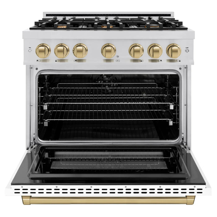 ZLINE Autograph Edition 36" 5.2 cu. ft. Select Dual Fuel Range with 6 Burners in Stainless Steel with White Matte Door and Champagne Bronze Accents, HDRZ-WM-36-CB