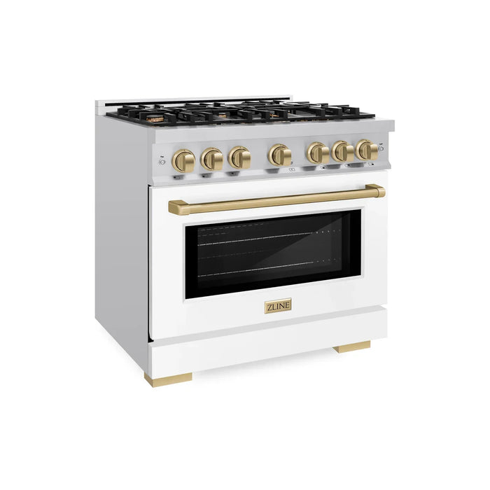 ZLINE Autograph Edition 36" 5.2 cu. ft. Select Dual Fuel Range with 6 Burners in Stainless Steel with White Matte Door and Champagne Bronze Accents, HDRZ-WM-36-CB