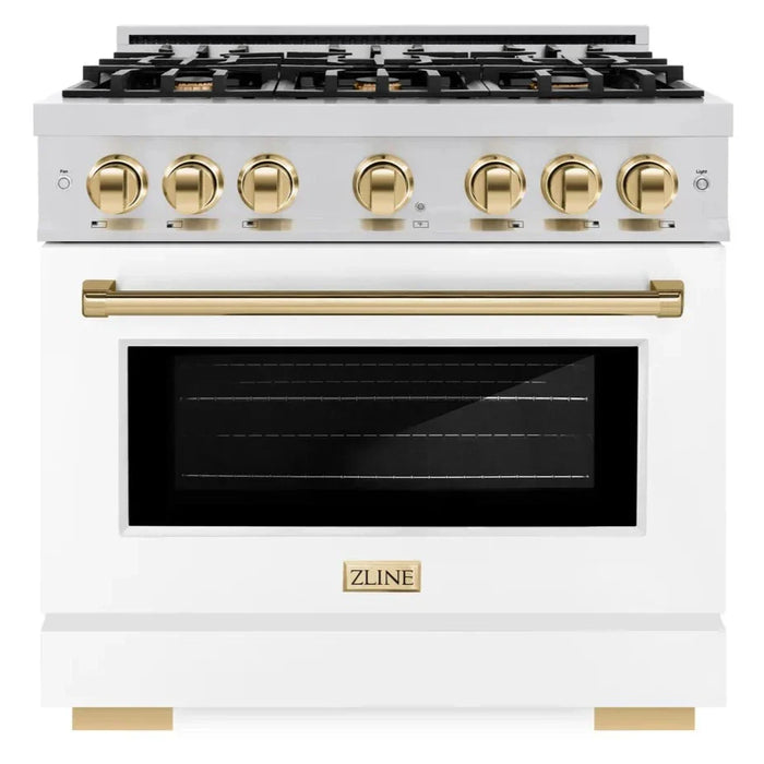 ZLINE Autograph Edition 36" 5.2 cu. ft. Select Dual Fuel Range with 6 Burners in Stainless Steel with White Matte Door and Polished Gold Accents, HDRZ-WM-36-G