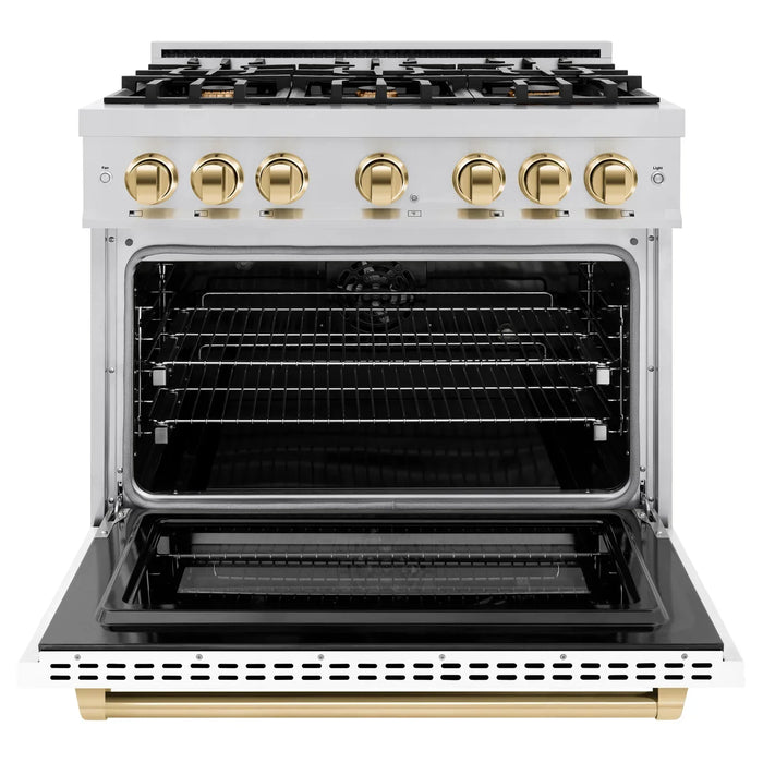 ZLINE Autograph Edition 36" 5.2 cu. ft. Select Dual Fuel Range with 6 Burners in Stainless Steel with White Matte Door and Polished Gold Accents, HDRZ-WM-36-G