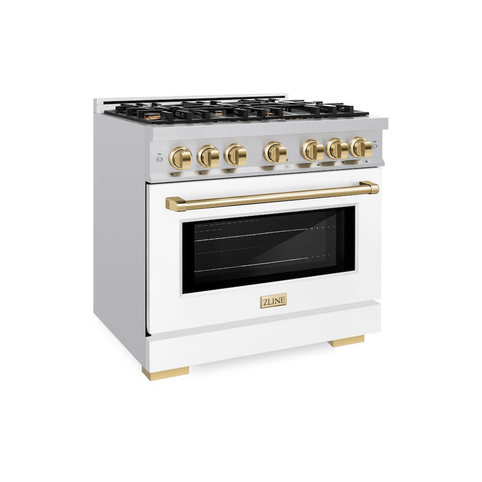 ZLINE Autograph Edition 36 in. 5.2 cu. ft. Select Dual Fuel Range with 6 Burner Gas Cooktop and Electric Convection Oven in Stainless Steel with White Matte Door and Polished Gold Accents (HDRZ-WM-36-G)