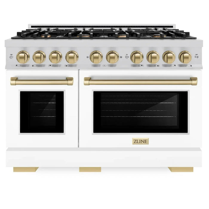 ZLINE Autograph Edition 48" 6.7 cu. ft. Select Double Oven Dual Fuel Range with 8 Burners in Stainless Steel with White Matte Doors and Champagne Bronze Accents, HDRZ-WM-48-CB