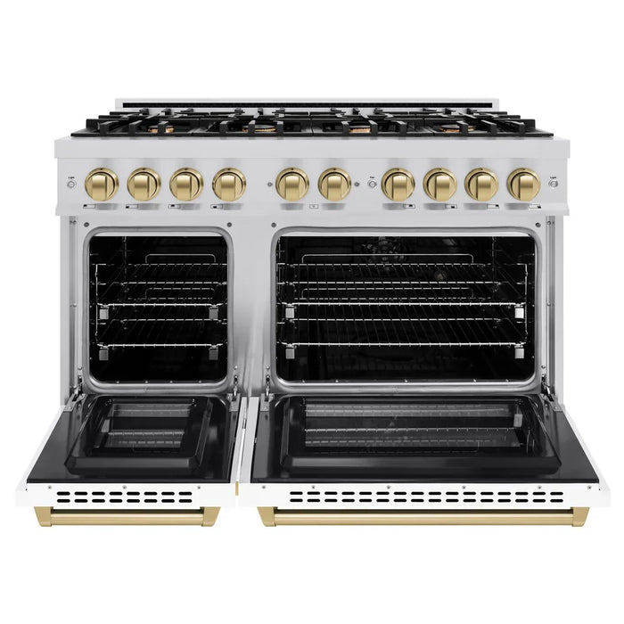 ZLINE Autograph Edition 48" 6.7 cu. ft. Select Double Oven Dual Fuel Range with 8 Burners in Stainless Steel with White Matte Doors and Champagne Bronze Accents, HDRZ-WM-48-CB